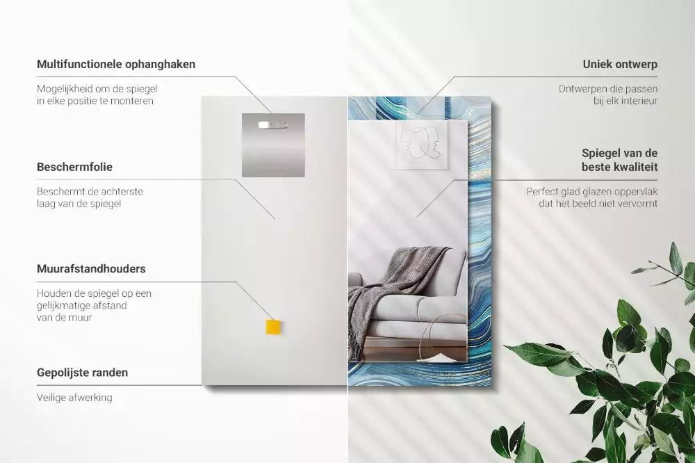 Oglindă dreptunghiulară cu ramă imprimată cu valuri albastre abstracte