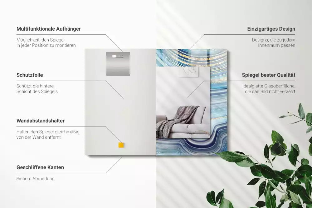 Oglindă dreptunghiulară cu ramă imprimată cu valuri albastre abstracte
