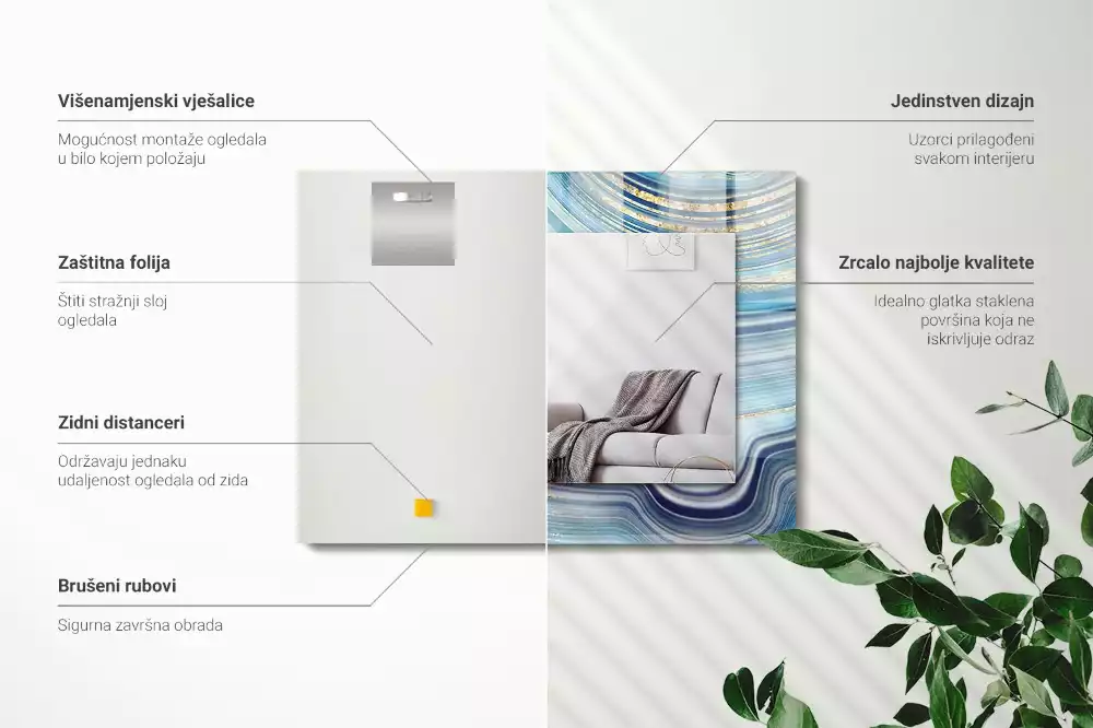 Oglindă dreptunghiulară cu ramă imprimată cu valuri albastre abstracte