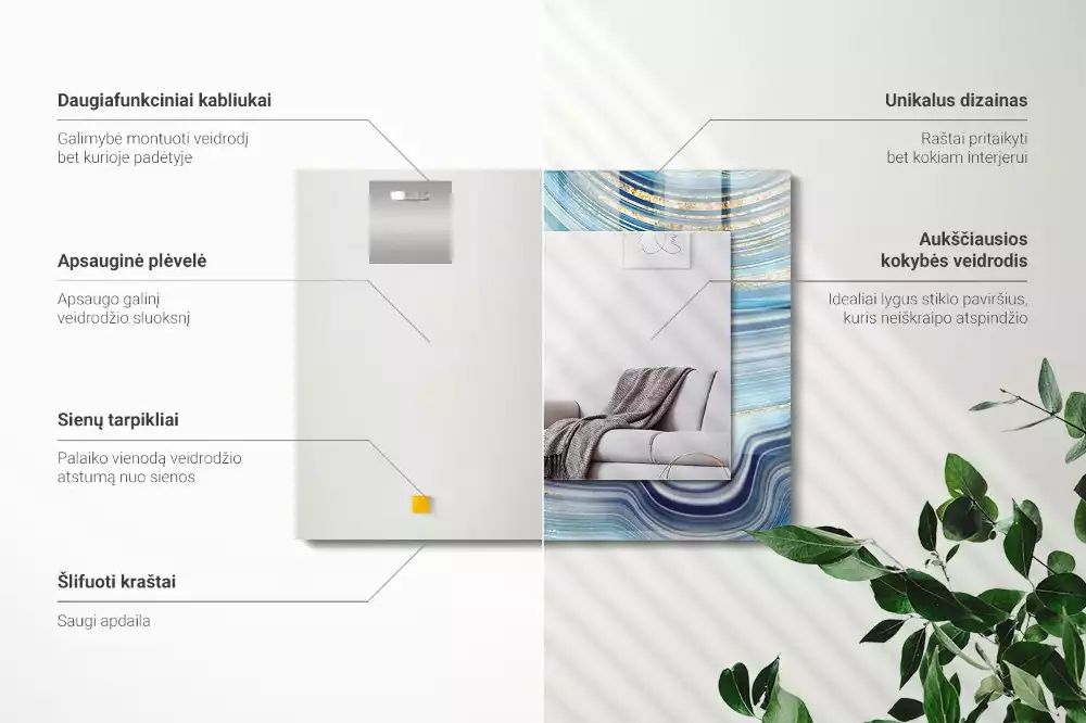 Oglindă dreptunghiulară cu ramă imprimată cu valuri albastre abstracte
