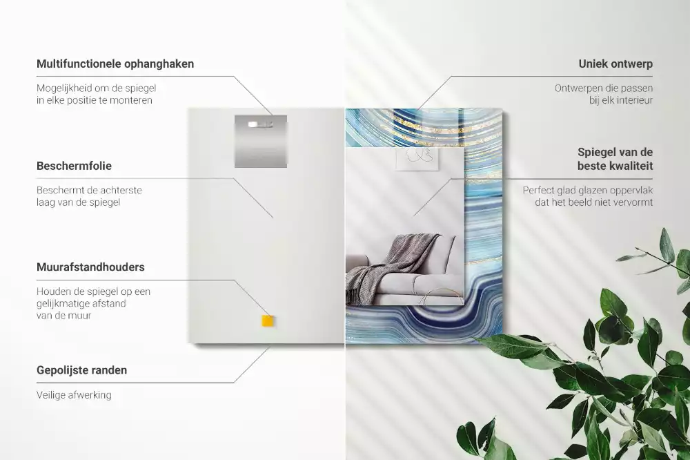 Oglindă dreptunghiulară cu ramă imprimată cu valuri albastre abstracte