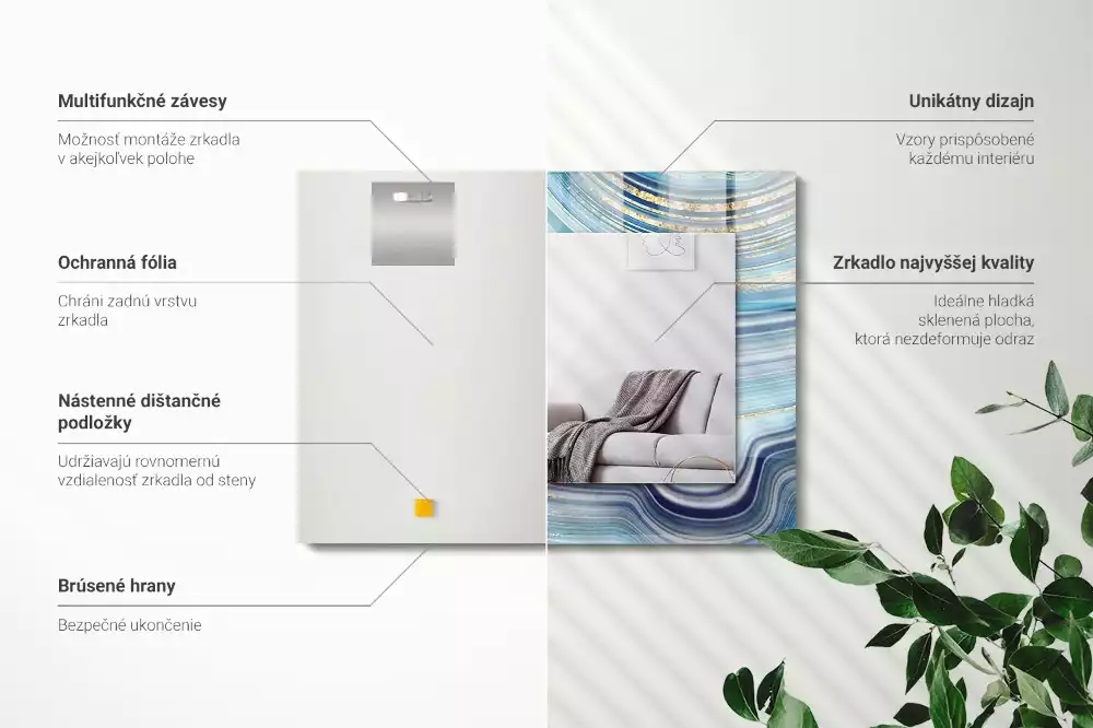 Oglindă dreptunghiulară cu ramă imprimată cu valuri albastre abstracte