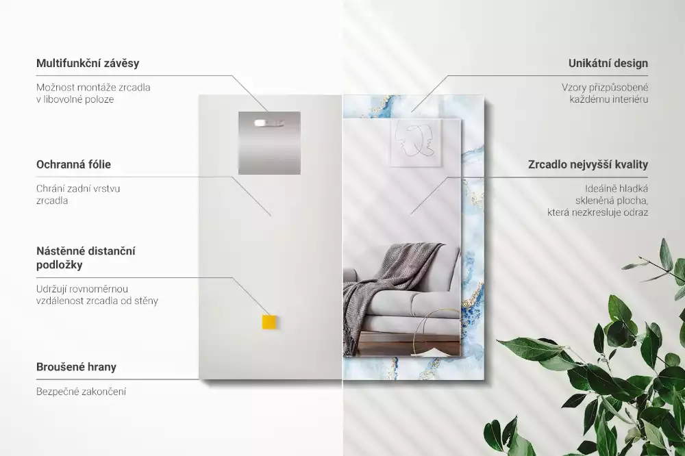 Oglindă dreptunghiulară cu model decorativ abstract de marmură
