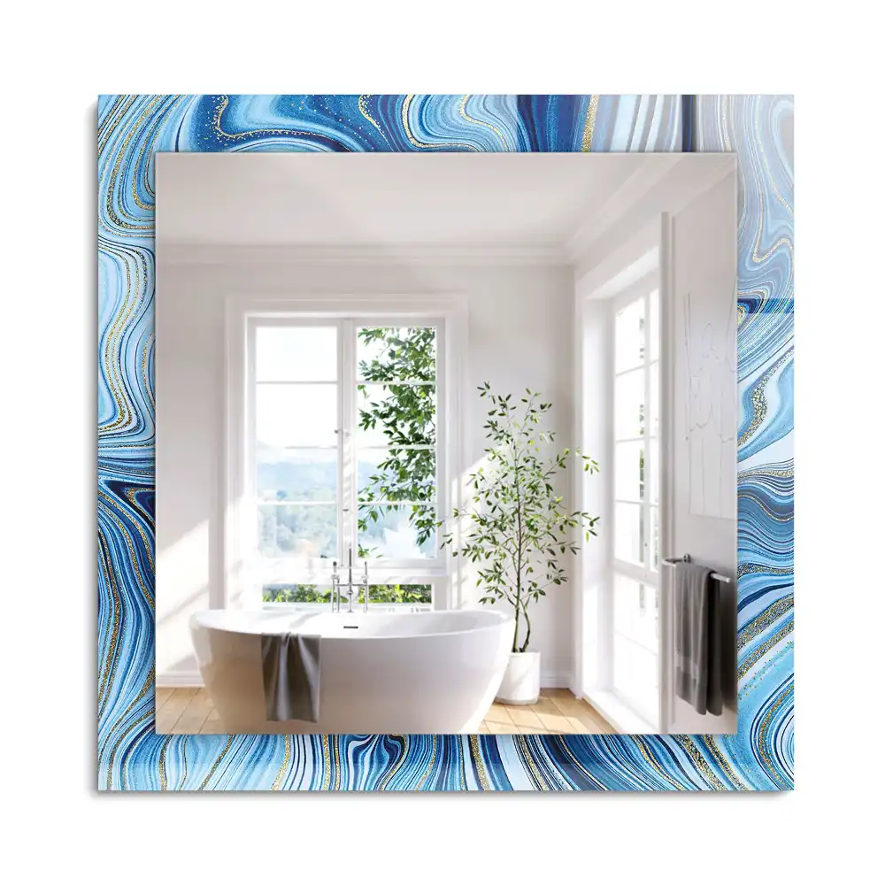 Oglindă decorativă de perete dreptunghiulară cu model abstract albastru