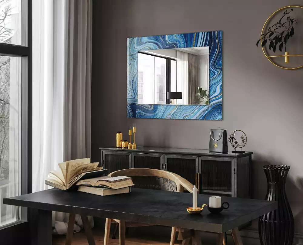 Oglindă decorativă de perete dreptunghiulară cu model abstract albastru