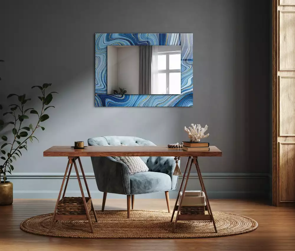 Oglindă decorativă de perete dreptunghiulară cu model abstract albastru