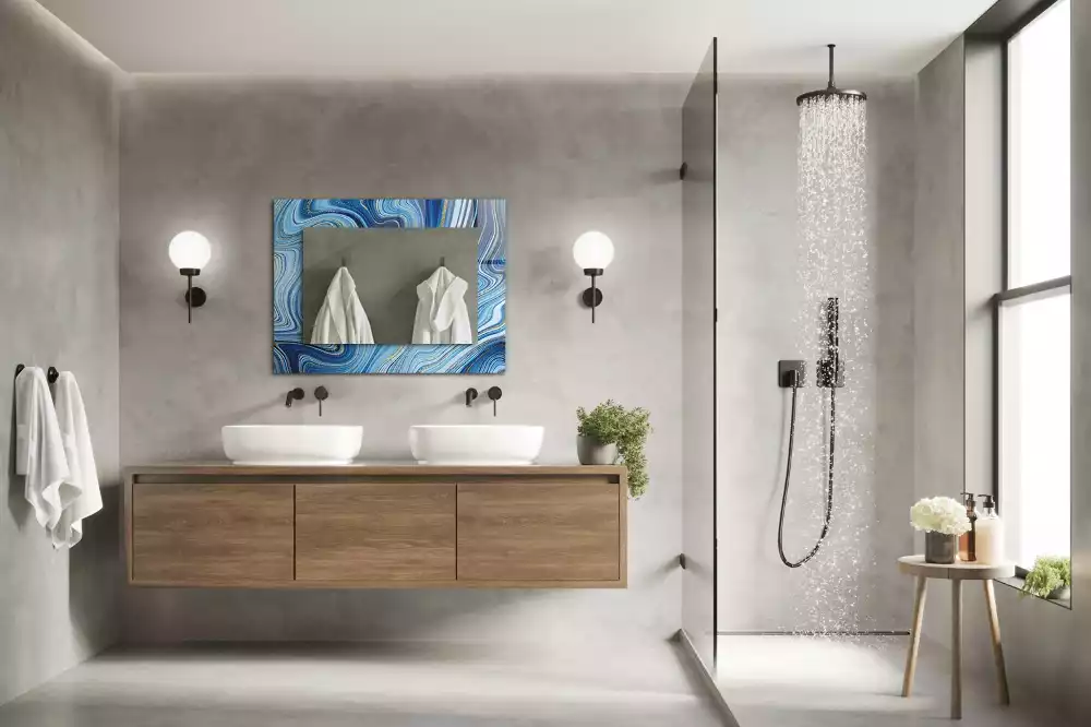 Oglindă decorativă de perete dreptunghiulară cu model abstract albastru