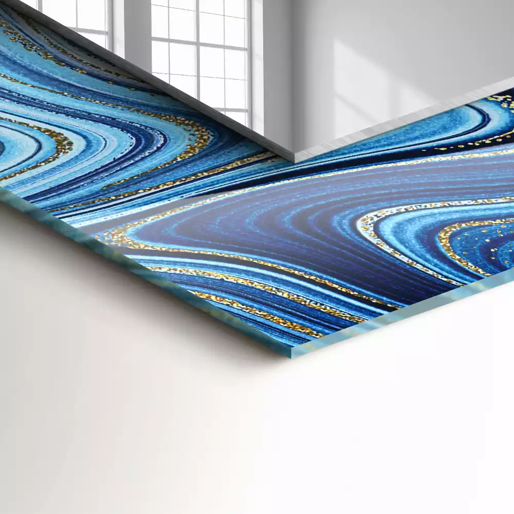 Oglindă decorativă de perete dreptunghiulară cu model abstract albastru