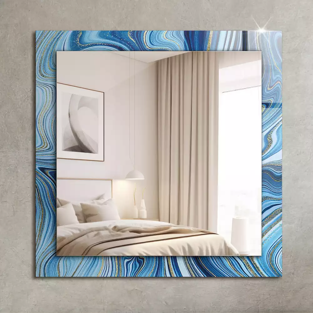 Oglindă decorativă de perete dreptunghiulară cu model abstract albastru