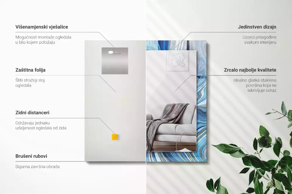 Oglindă decorativă de perete dreptunghiulară cu model abstract albastru