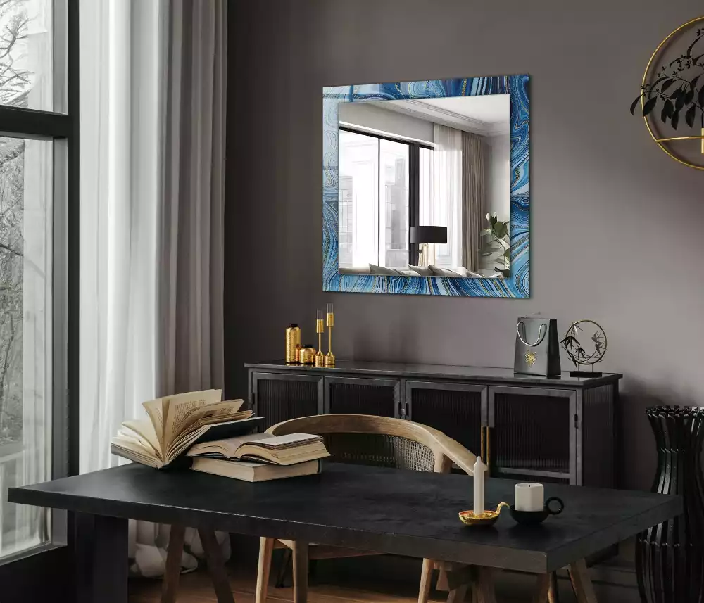 Oglindă decorativă de perete dreptunghiulară cu model abstract albastru