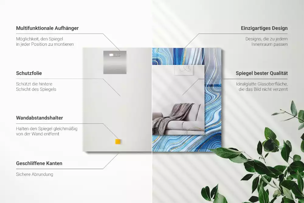 Oglindă decorativă de perete dreptunghiulară cu model abstract albastru