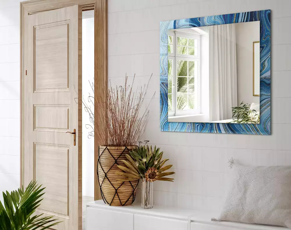 Oglindă decorativă de perete dreptunghiulară cu model abstract albastru