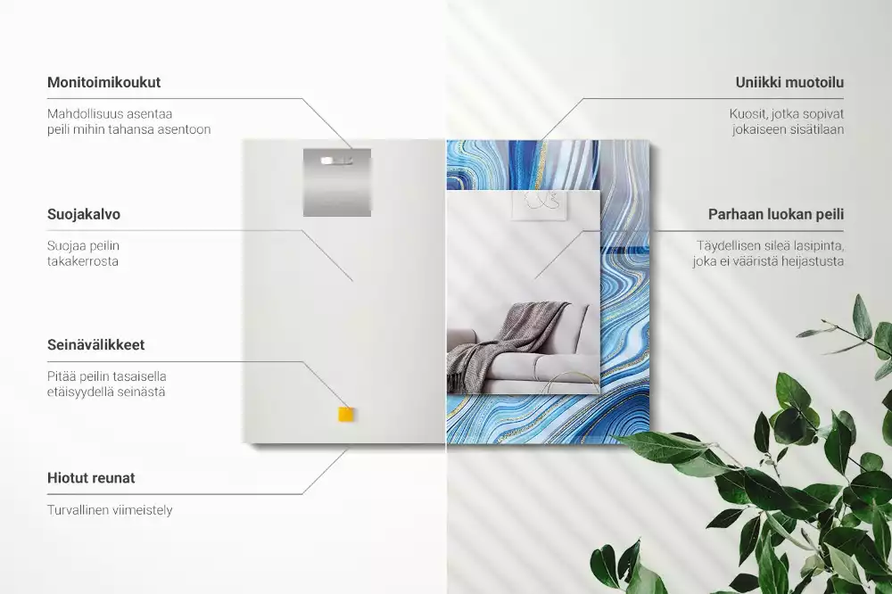 Oglindă decorativă de perete dreptunghiulară cu model abstract albastru