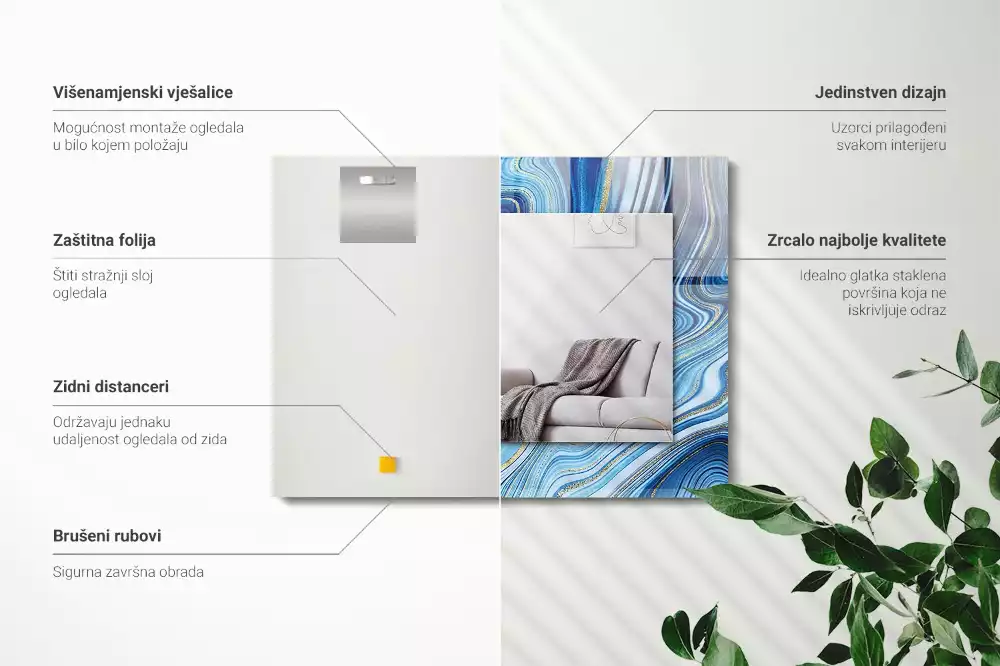 Oglindă decorativă de perete dreptunghiulară cu model abstract albastru