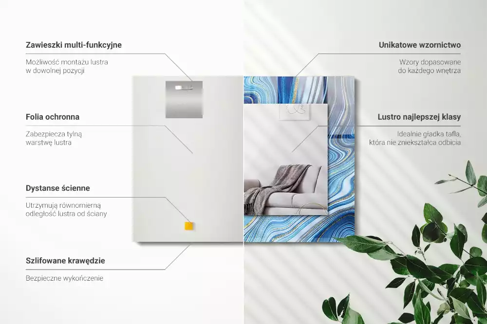 Oglindă decorativă de perete dreptunghiulară cu model abstract albastru