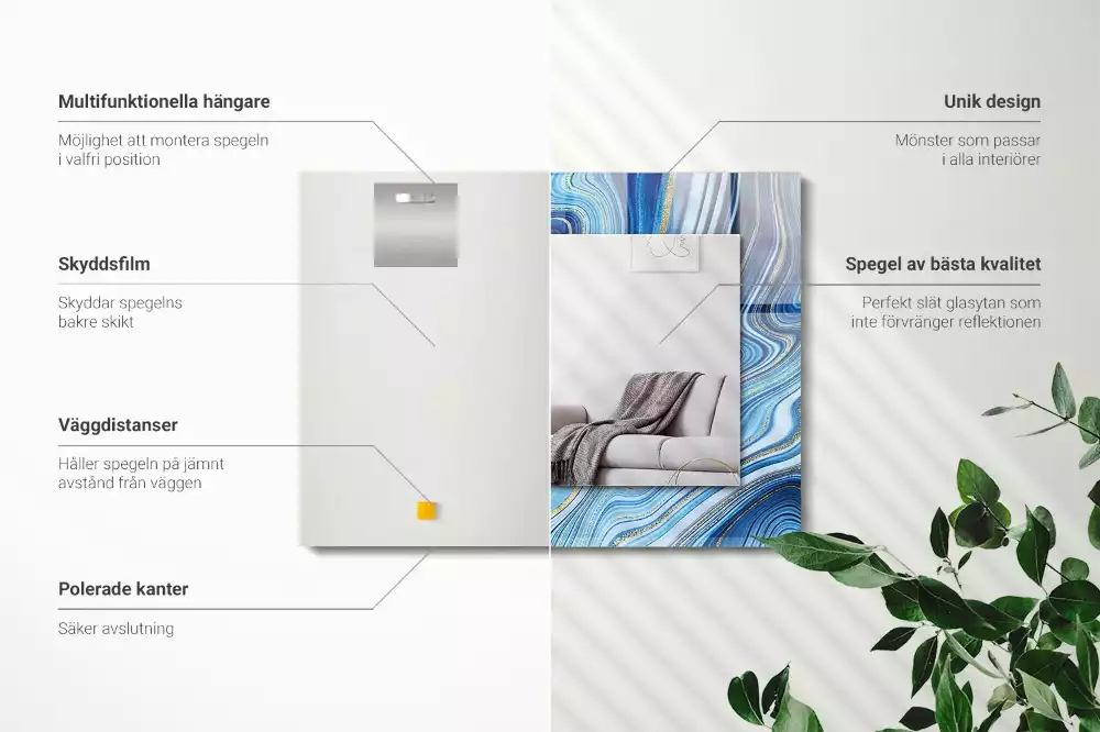 Oglindă decorativă de perete dreptunghiulară cu model abstract albastru