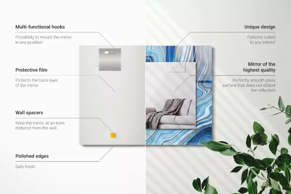 Oglindă decorativă de perete dreptunghiulară cu model abstract albastru