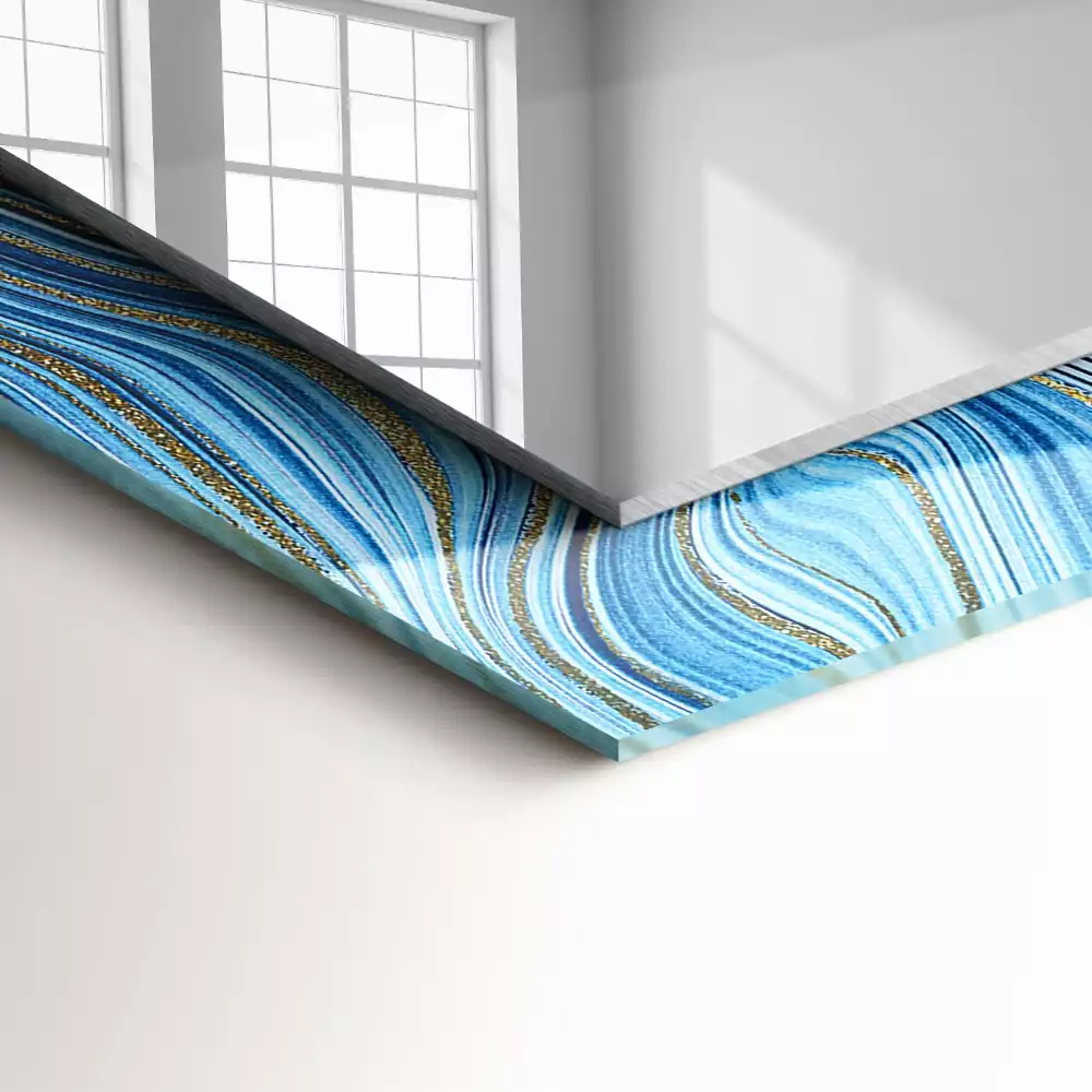 Oglindă decorativă de perete dreptunghiulară cu model abstract albastru