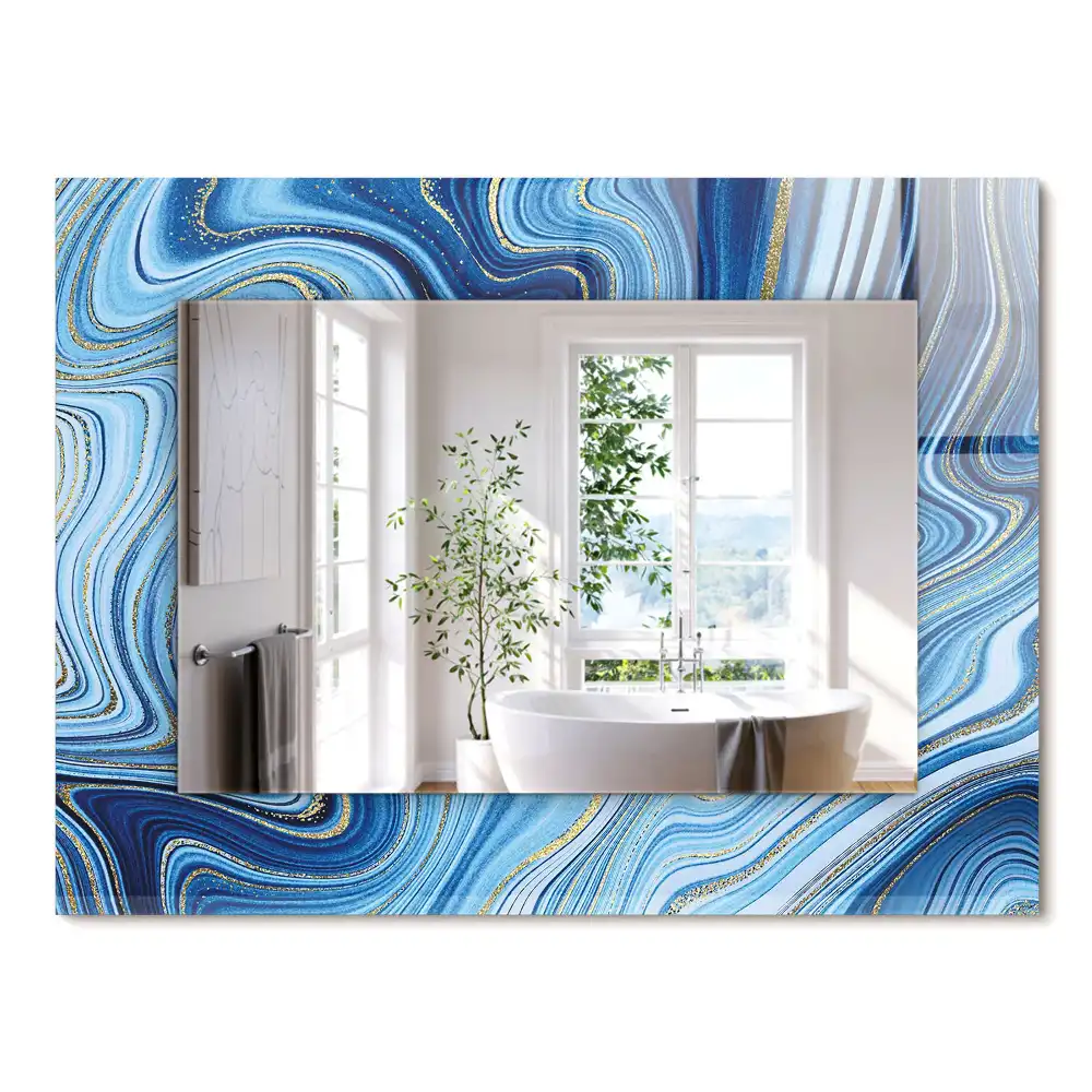 Oglindă decorativă de perete dreptunghiulară cu model abstract albastru