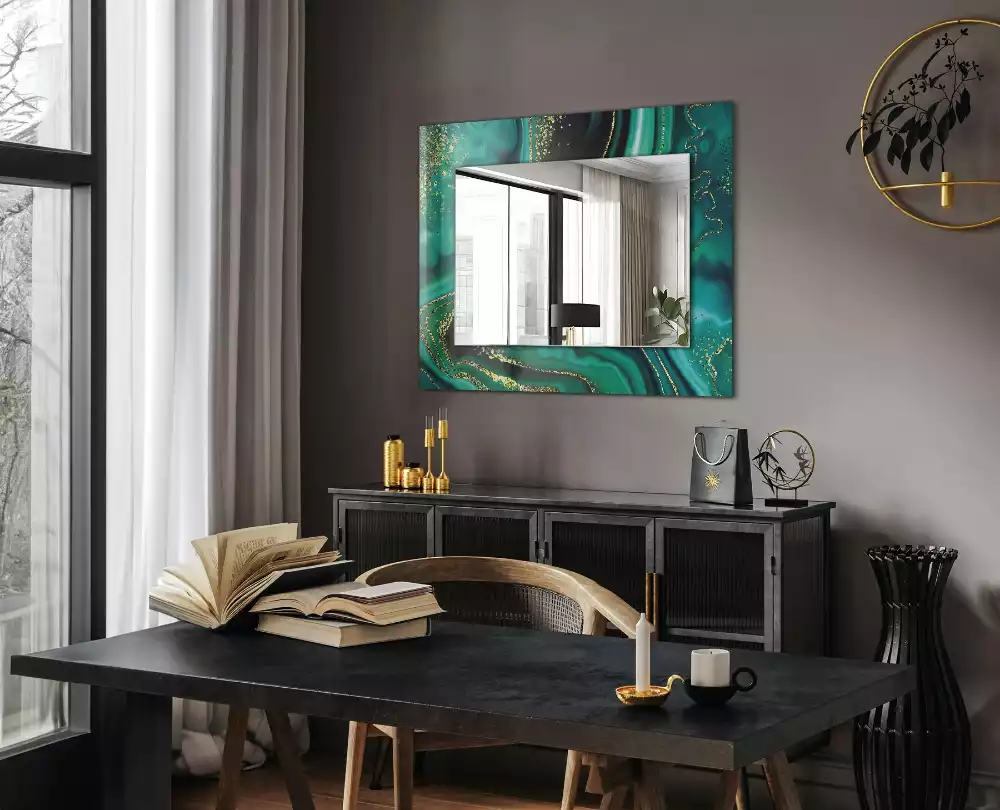 Oglindă dreptunghiulară cu model abstract texturat verde