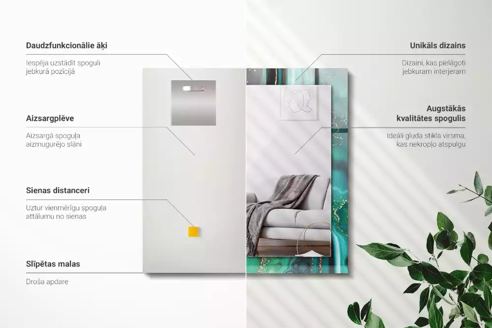 Oglindă dreptunghiulară cu model abstract texturat verde
