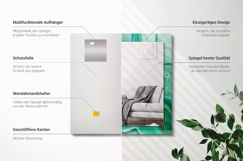Oglindă dreptunghiulară cu ramă cu imprimeu textură abstractă verde