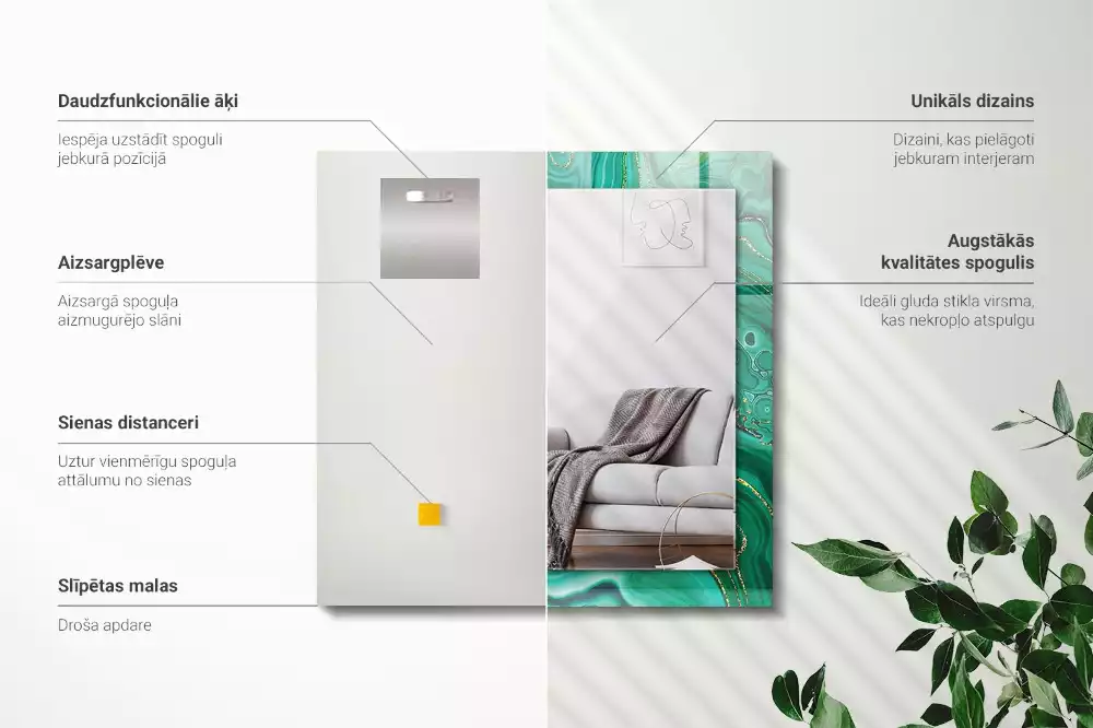 Oglindă dreptunghiulară cu ramă cu imprimeu textură abstractă verde