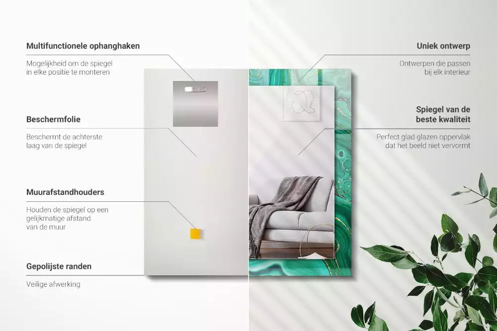 Oglindă dreptunghiulară cu ramă cu imprimeu textură abstractă verde