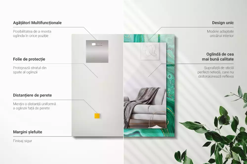 Oglindă dreptunghiulară cu ramă cu imprimeu textură abstractă verde