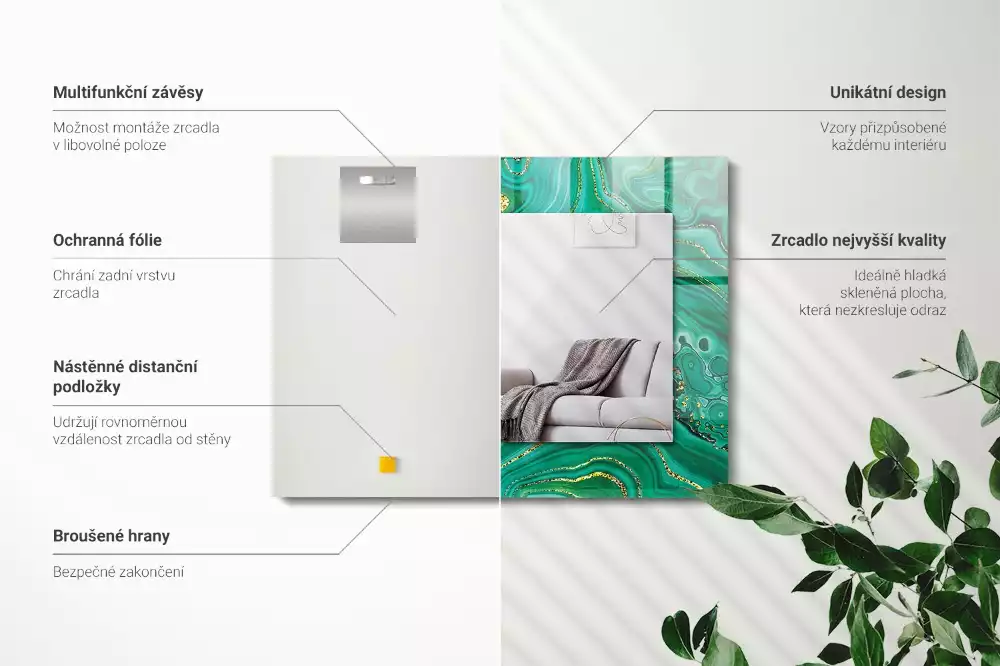 Oglindă dreptunghiulară cu ramă cu imprimeu textură abstractă verde