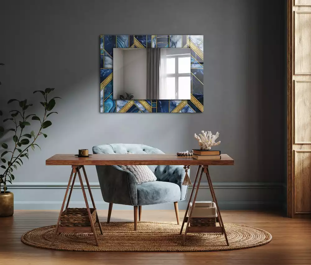 Oglindă dreptunghiulară de perete cu design geometric abstract tip mozaic