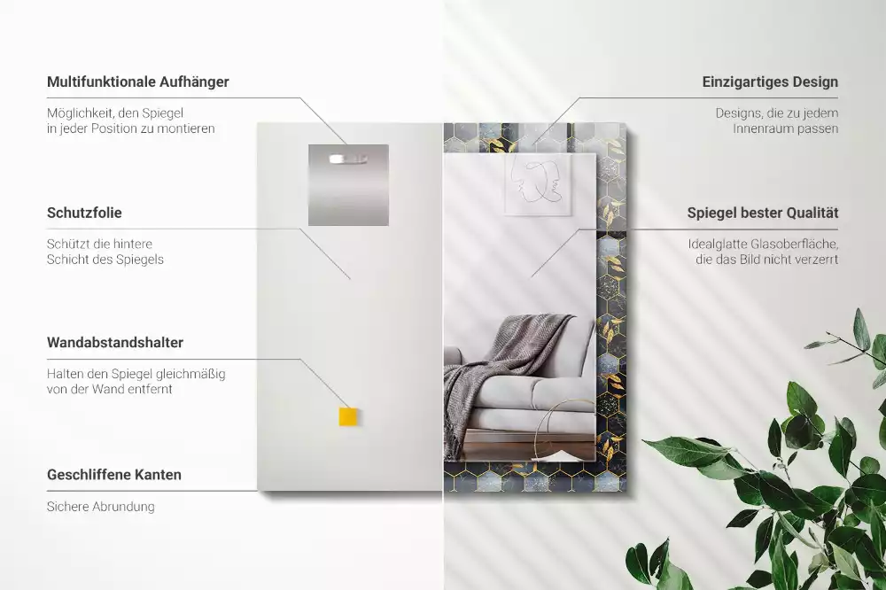 Oglindă dreptunghiulară cu ramă decorată cu imprimeu de frunze hexagonale