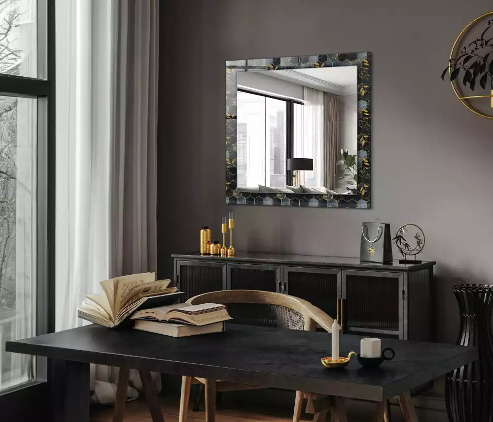 Oglindă dreptunghiulară cu ramă decorată cu imprimeu de frunze hexagonale