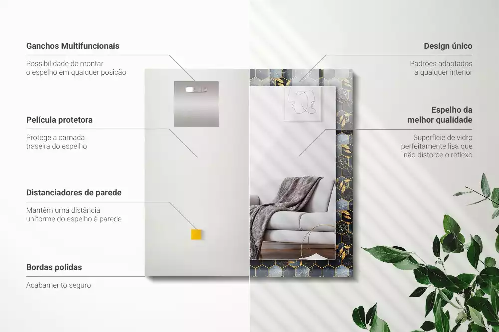Oglindă dreptunghiulară cu ramă decorată cu imprimeu de frunze hexagonale