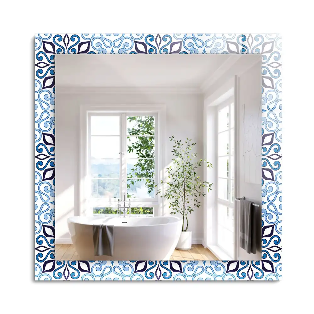 Oglindă dreptunghiulară de perete cu model ornamental albastru