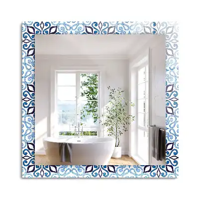 Oglindă dreptunghiulară de perete cu model ornamental albastru