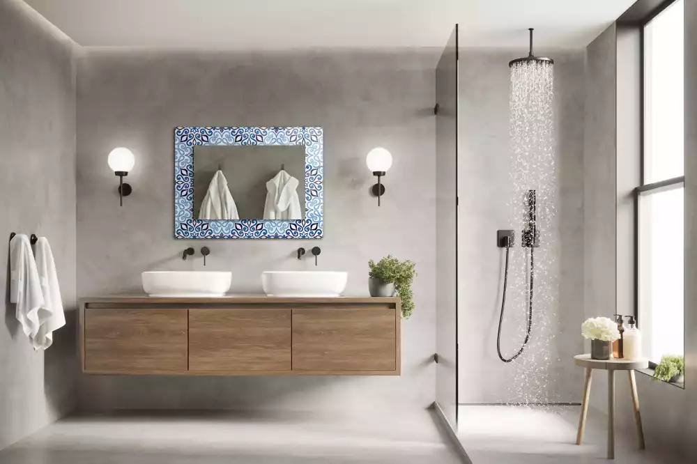 Oglindă dreptunghiulară de perete cu model ornamental albastru