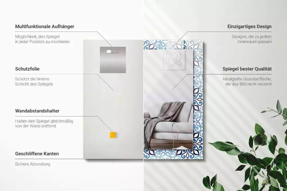 Oglindă dreptunghiulară de perete cu model ornamental albastru
