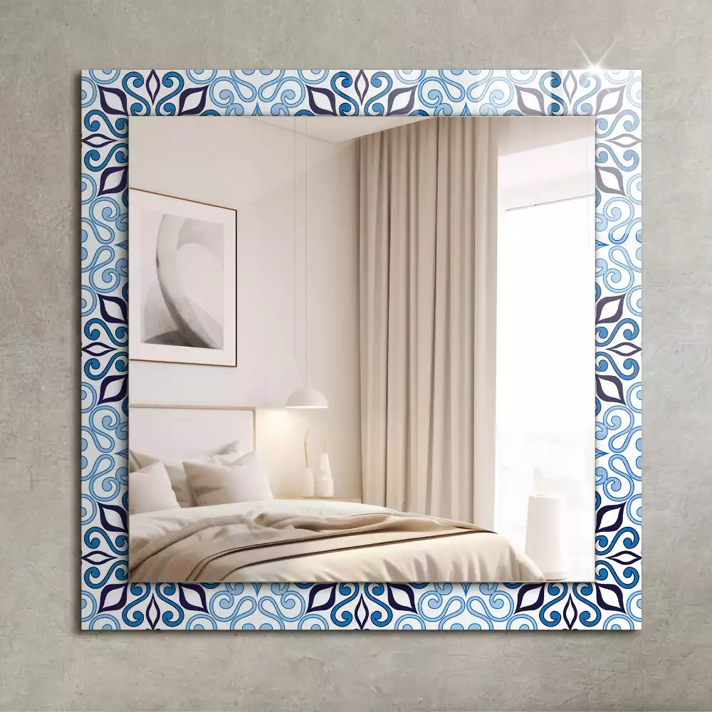 Oglindă dreptunghiulară de perete cu model ornamental albastru