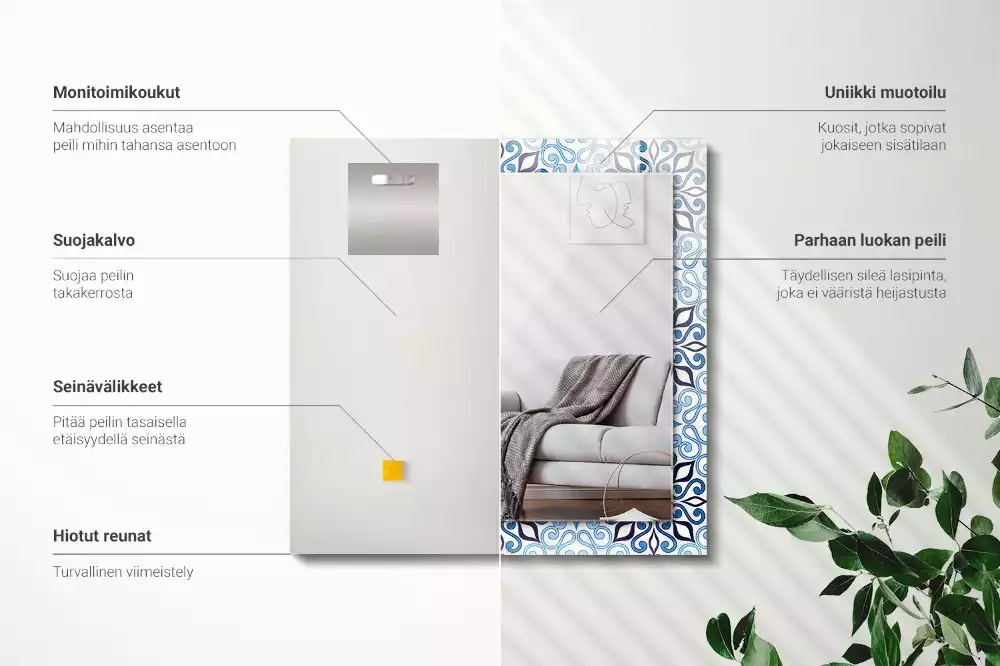 Oglindă dreptunghiulară de perete cu model ornamental albastru