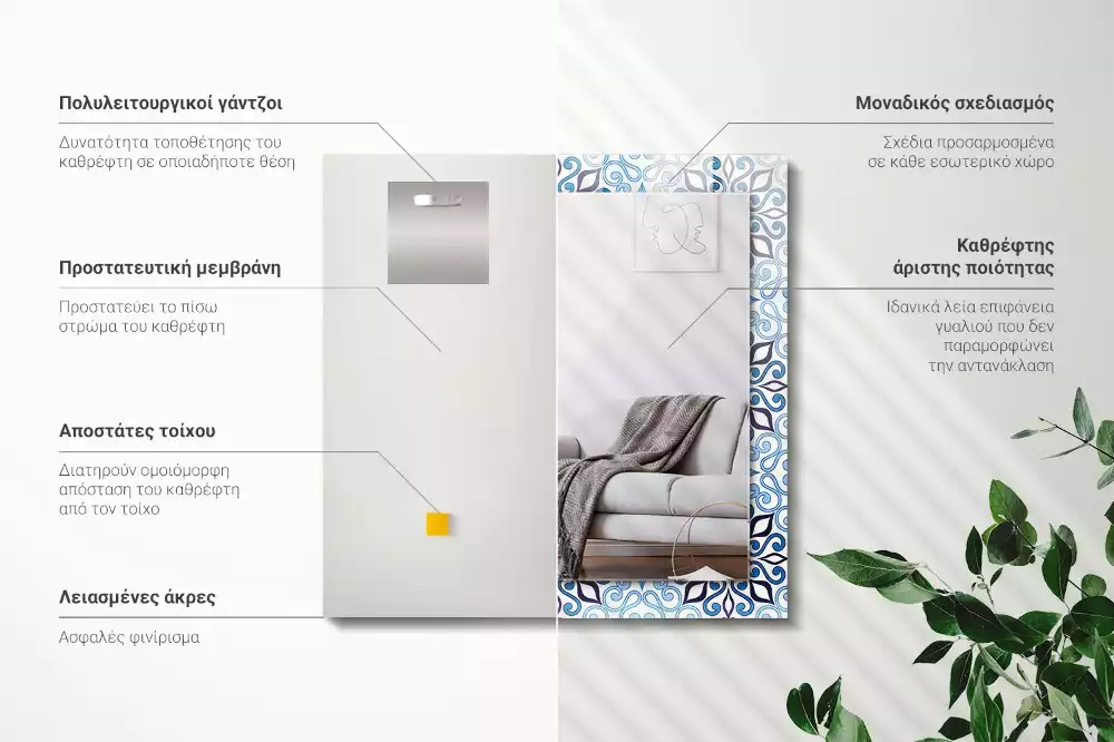 Oglindă dreptunghiulară de perete cu model ornamental albastru