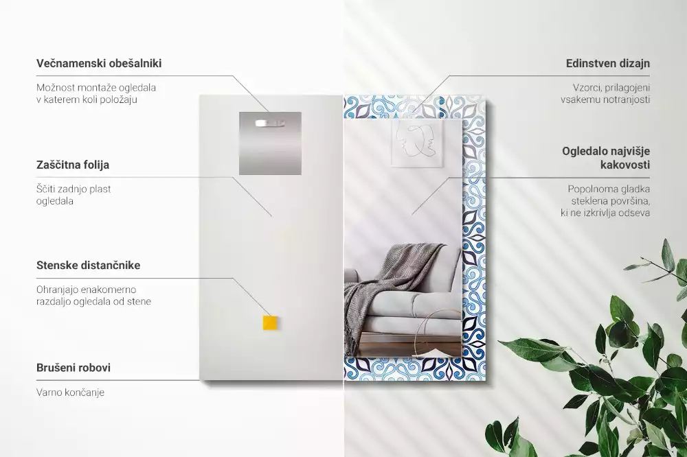 Oglindă dreptunghiulară de perete cu model ornamental albastru
