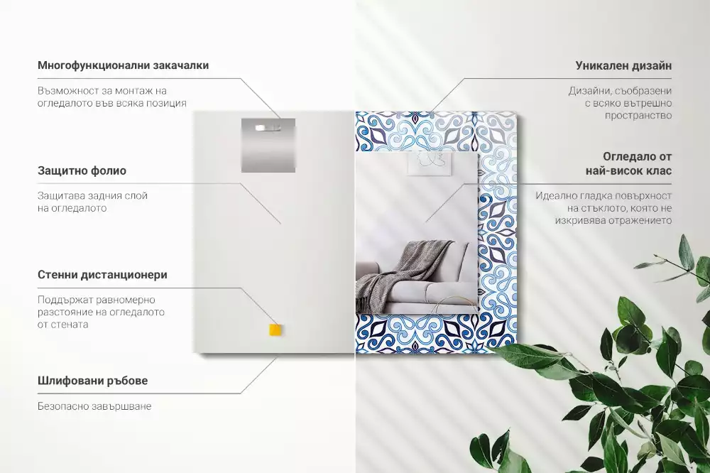 Oglindă dreptunghiulară de perete cu model ornamental albastru