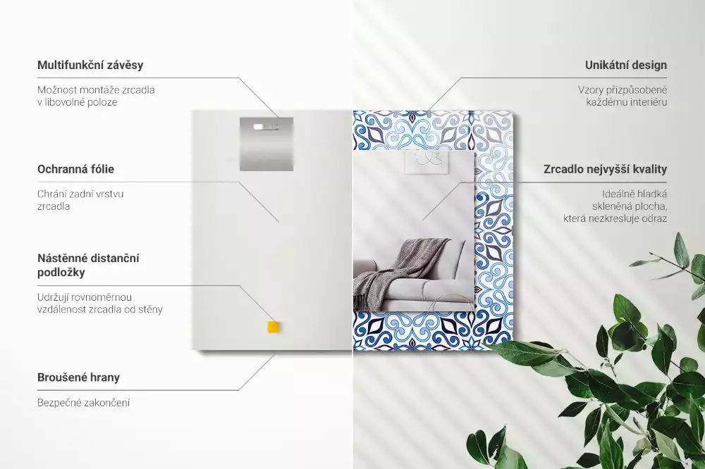 Oglindă dreptunghiulară de perete cu model ornamental albastru