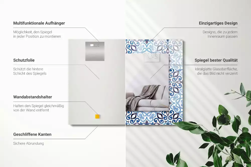 Oglindă dreptunghiulară de perete cu model ornamental albastru