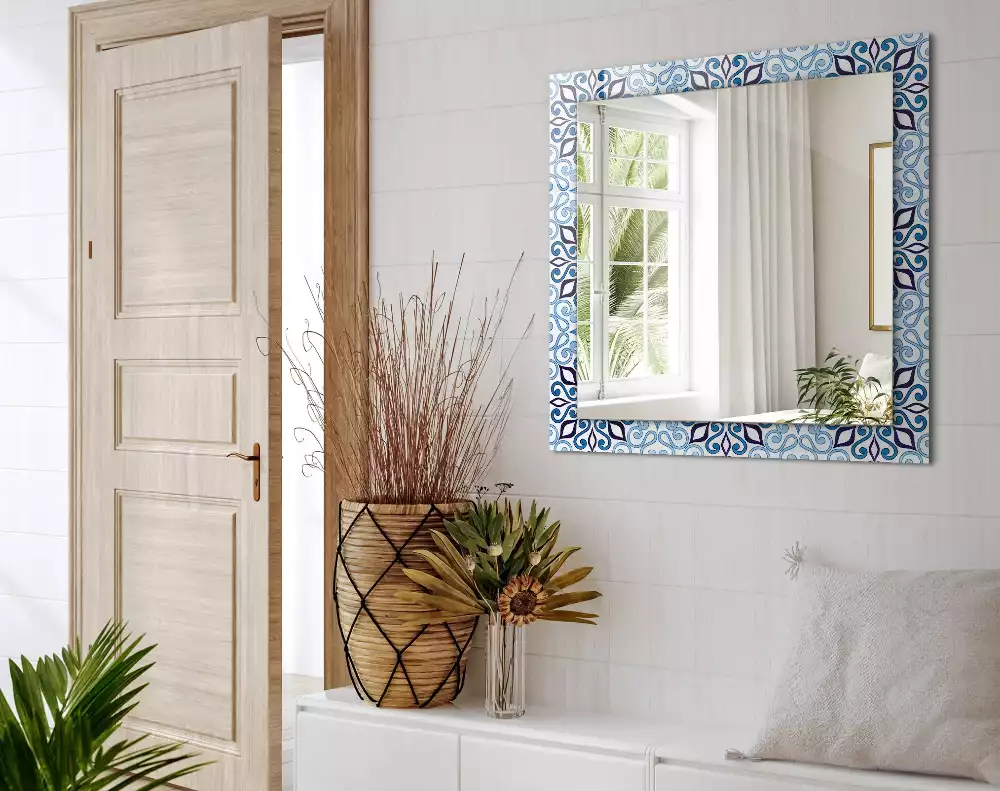 Oglindă dreptunghiulară de perete cu model ornamental albastru