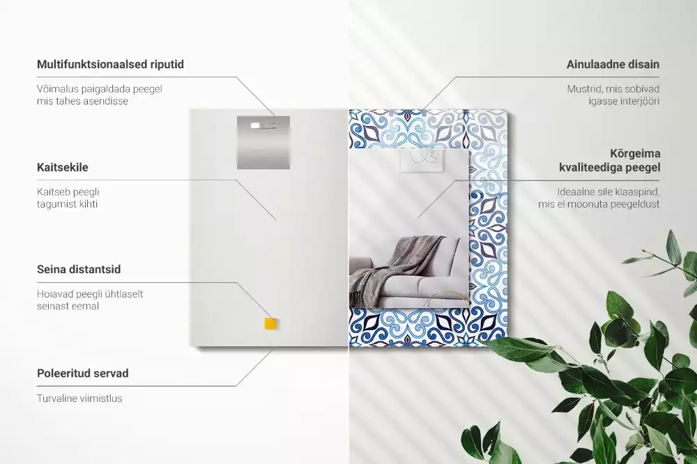 Oglindă dreptunghiulară de perete cu model ornamental albastru
