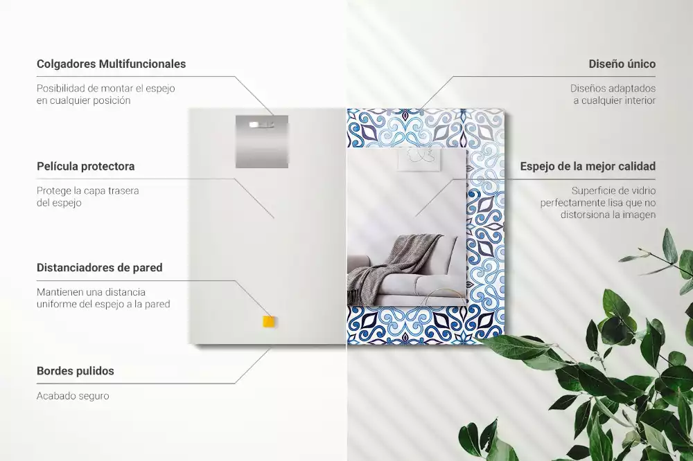Oglindă dreptunghiulară de perete cu model ornamental albastru