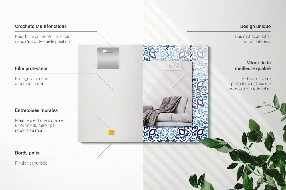 Oglindă dreptunghiulară de perete cu model ornamental albastru